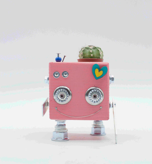 Robot-shaped vase. Handmade wooden plant holder.