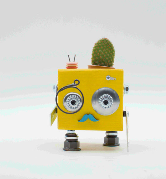 Robot-shaped vase. Handmade wooden plant holder.