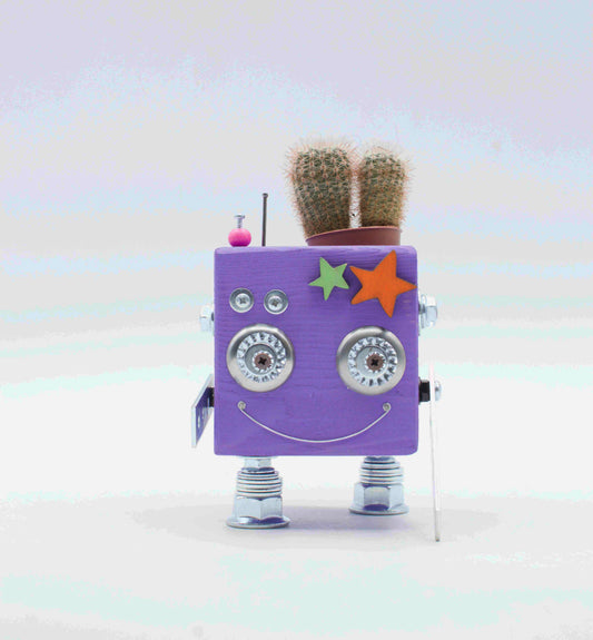 Robot-shaped vase. Handmade wooden plant holder.