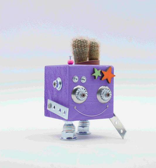 Robot-shaped vase. Handmade wooden plant holder.