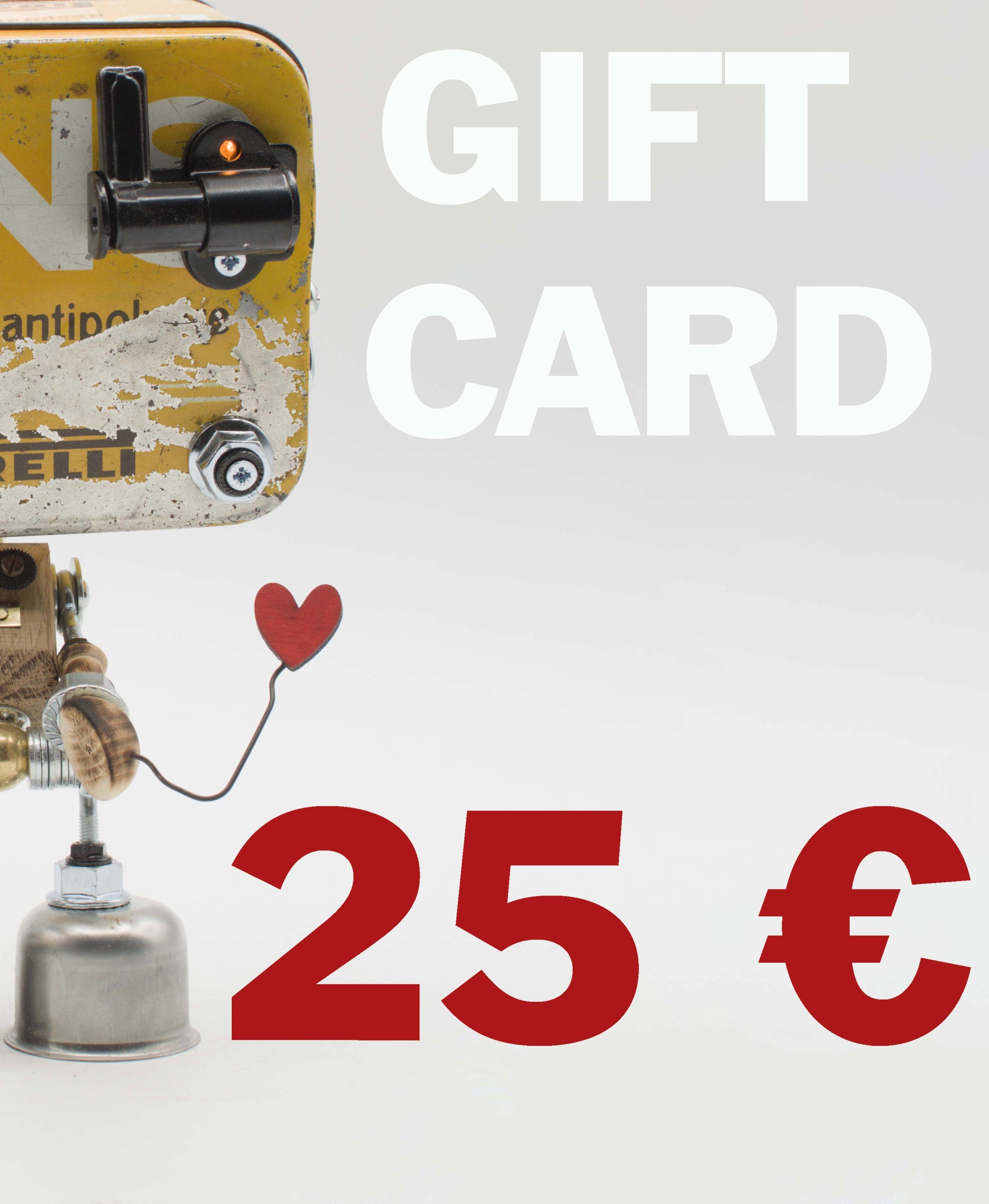 Porta schede regalo vintage in metallo giallo con componenti meccanici neri e palloncino a forma di cuore rosso