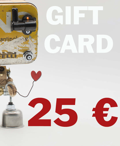 Porta schede regalo vintage in metallo giallo con componenti meccanici neri e palloncino a forma di cuore rosso