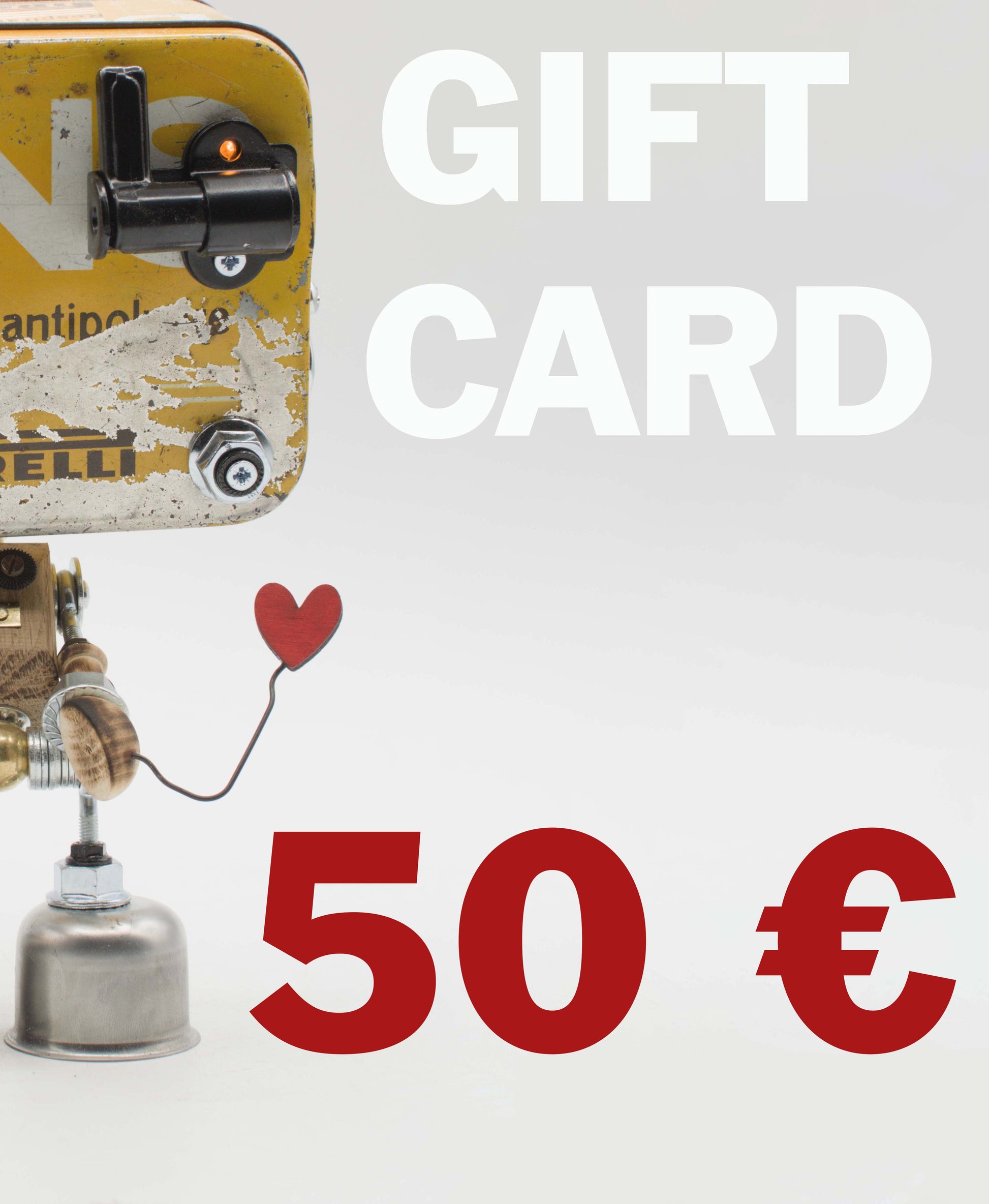 Porta gift card in metallo vintage giallo con componenti meccanici neri e palloncino rosso a forma di cuore