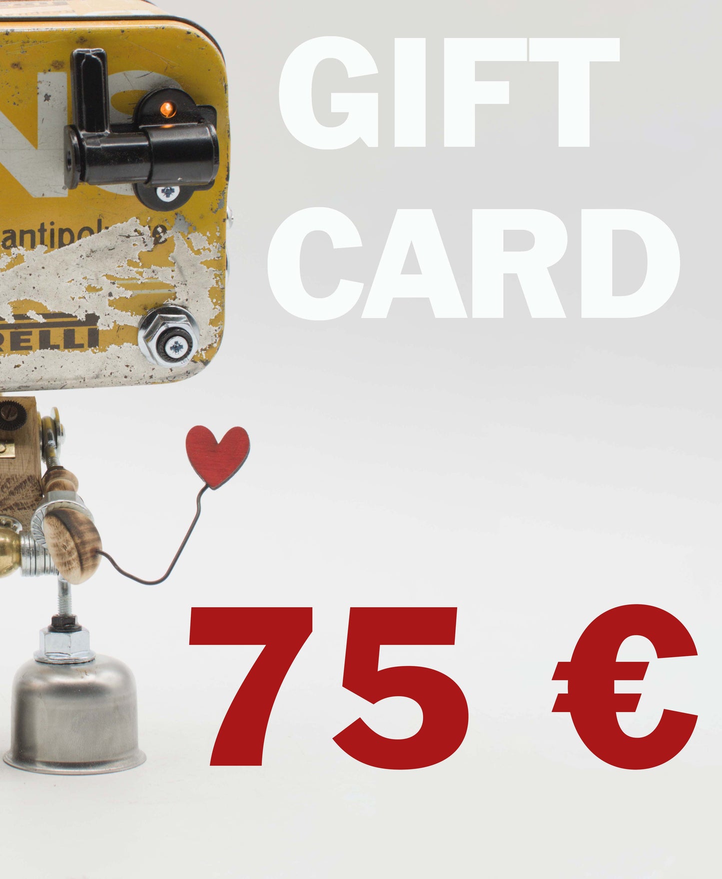 Portacarte regalo vintage in metallo giallo con componenti meccaniche nere e palloncino a forma di cuore rosso
