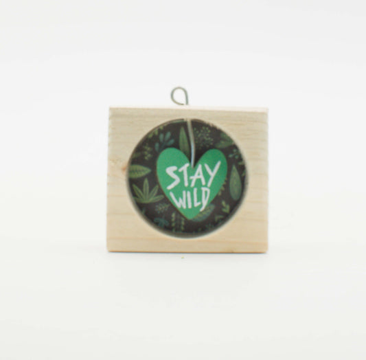 Piccolo quadro artigianale in legno con cuore verde stay wild su sfondo scuro di foglie per appendere