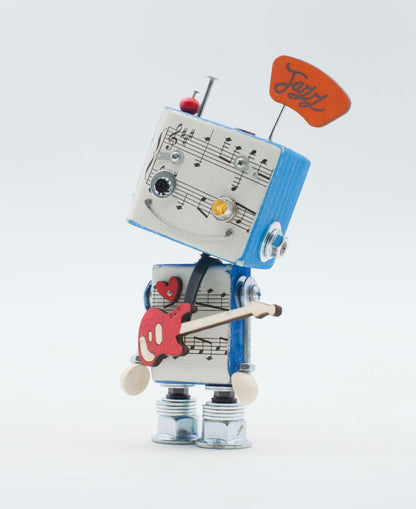 Lampada di legno a batteria stile robot musica blu e bianco con foglio di note musicali e plettro rosso