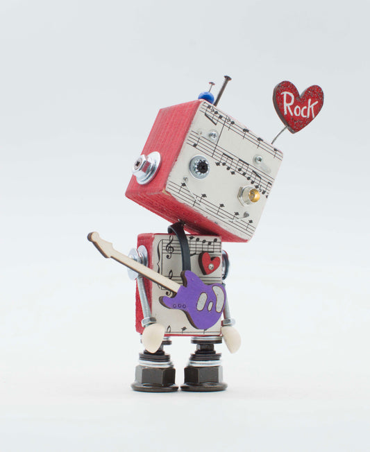 Lampada di legno a batteria stile robot musica rosso e bianco con chitarra e motivi di spartiti fatta a mano