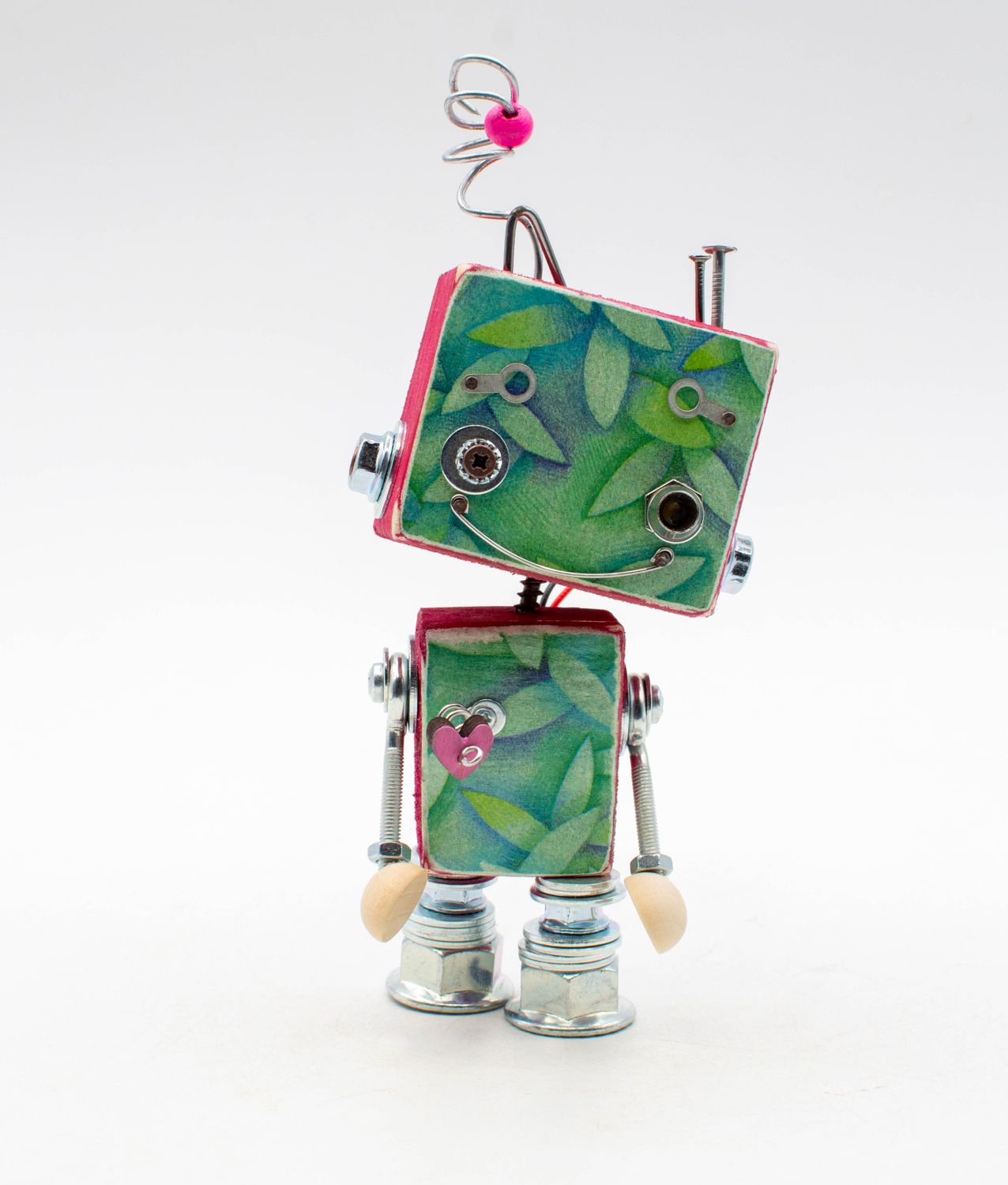 Luce di cortesia robot toys lampada di legno a batteria fatta a mano con corpo quadrato e carta verde a foglie rosa
