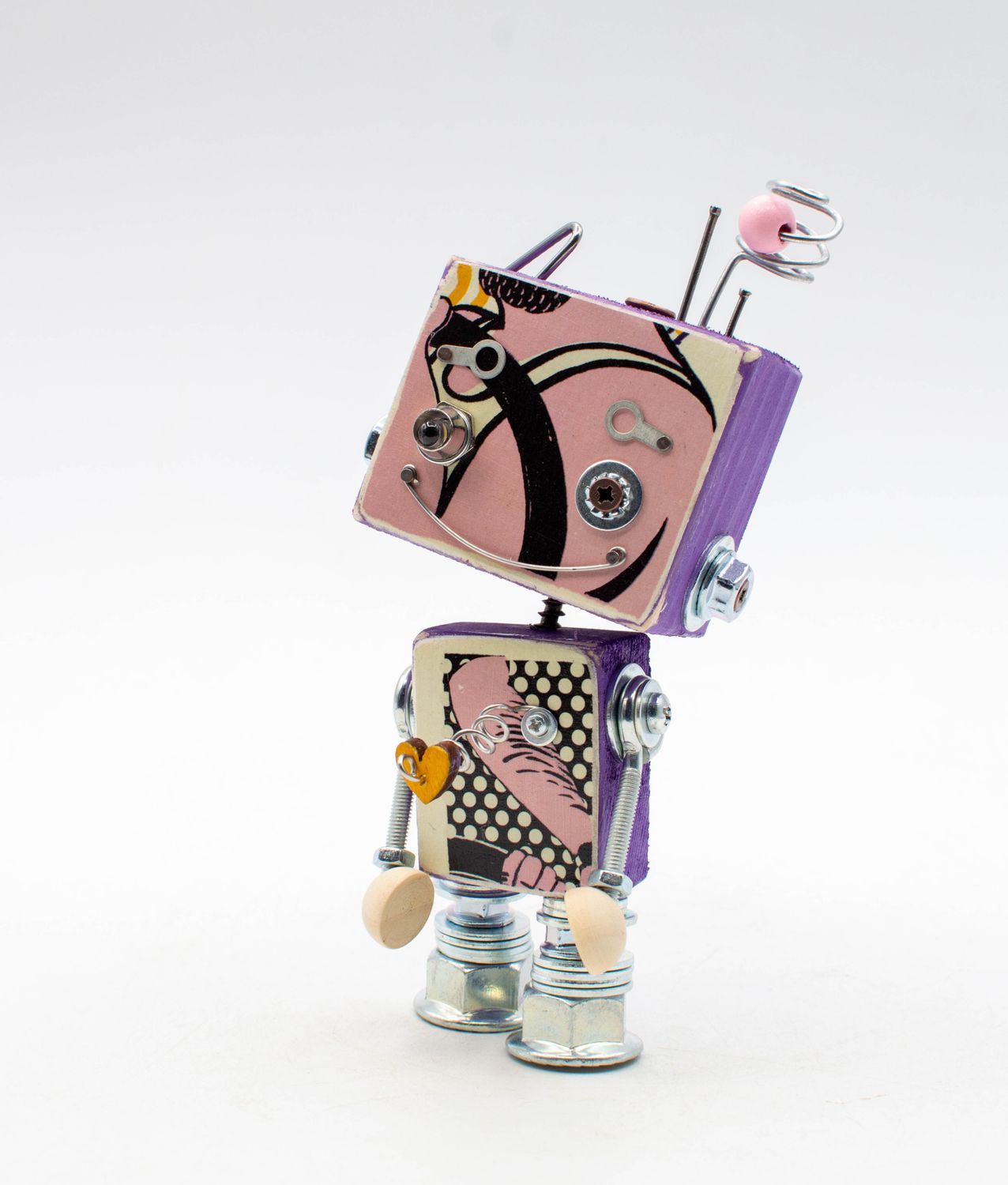 Lampada robot giocattolo in legno stile retrò viola e rosa con giunti metallici e arti a molla fatta a mano