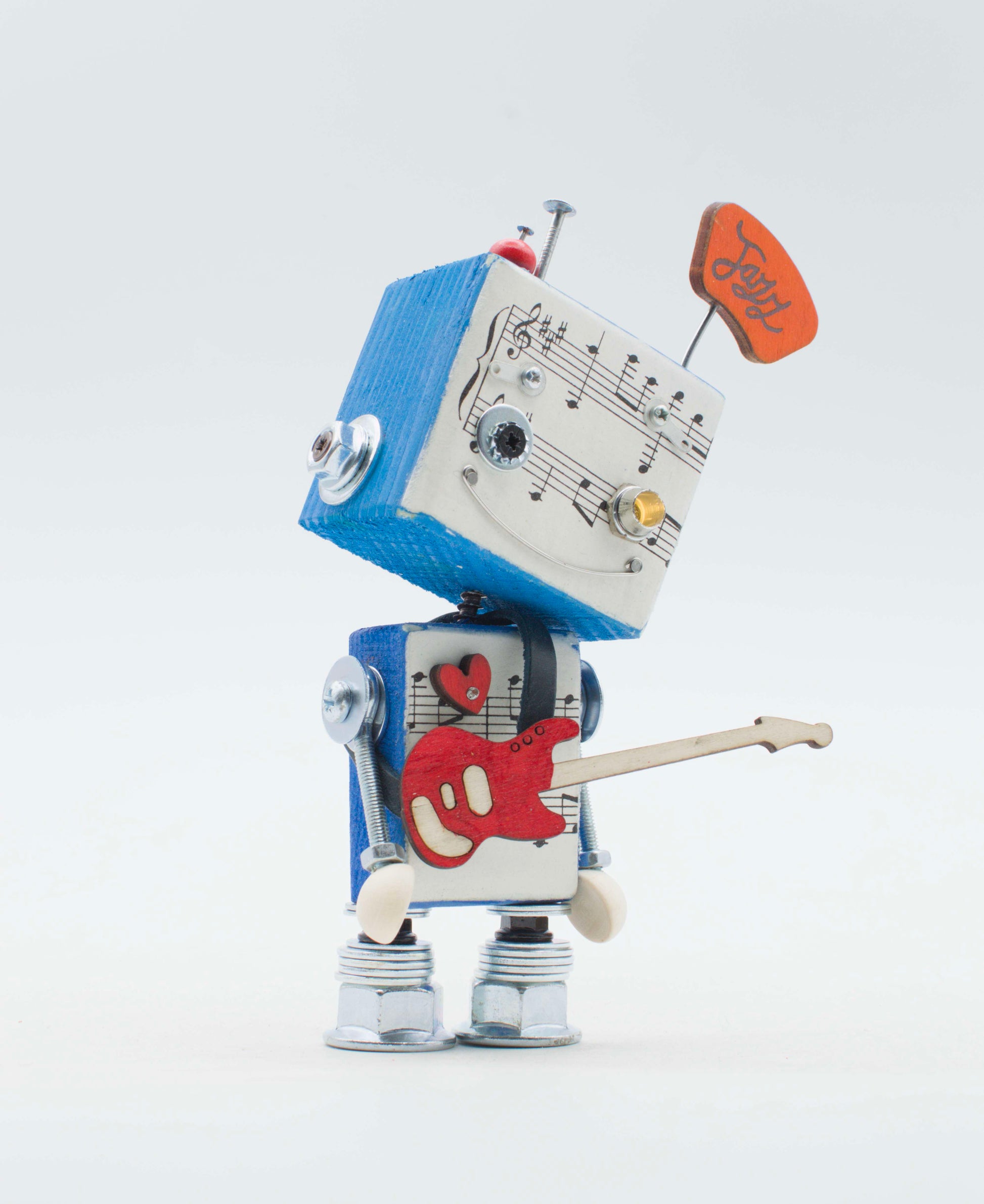 Lampada di legno a batteria stile robot musica blu e bianco con chitarra rossa e insegna jazz arancione fatta a mano