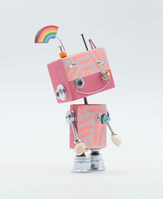 Lampada di legno a batteria stile robot rosa con bandiera arcobaleno e dettagli metallici modello illustrazione handcrafted