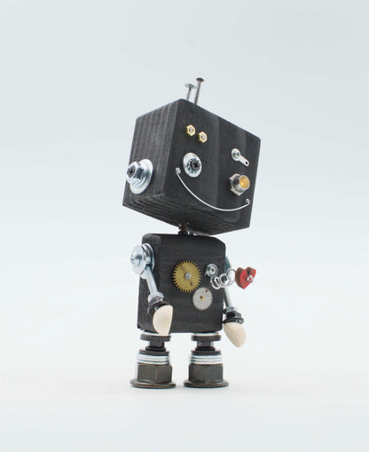 Lampada di legno a batteria stile robot nero con ingranaggi metallici e sorriso di bulloni modello robot fatto a mano