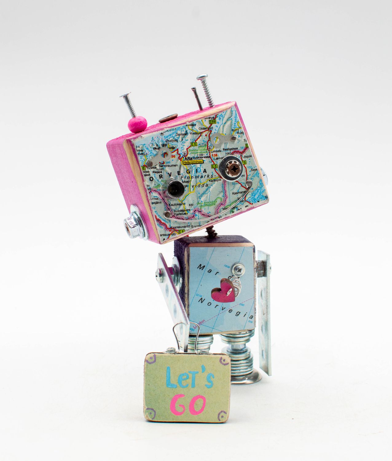 Lampada di legno a batteria a forma di robot viaggiatore rosa e azzurro con design vintage e tema mappa fatta a mano