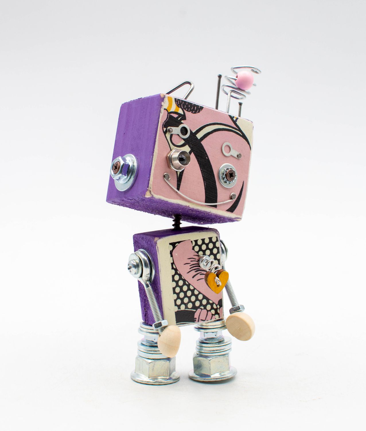 Lampada di legno a batteria modello robot viola e rosa con testa quadrata occhi cartoon e piedi in legno