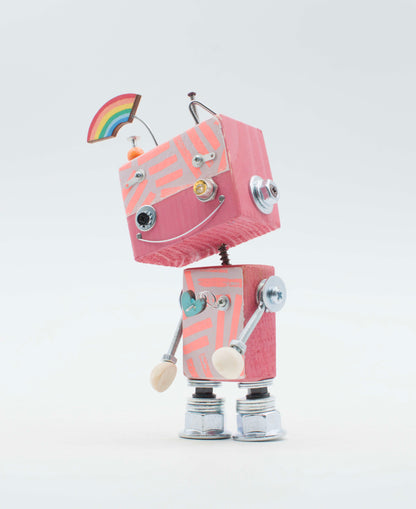 Lampada a batteria stile robot in legno rosa con giunti metallici e bandiera arcobaleno modello illustrazione