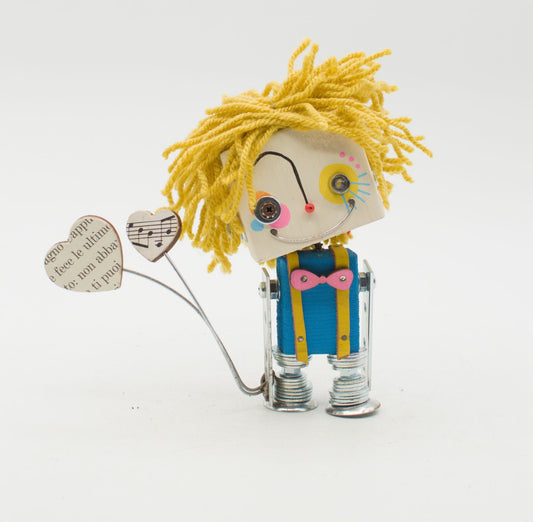 Lampada di legno a batteria stile robot clown con capelli in lana gialla e occhi metallici fatta a mano