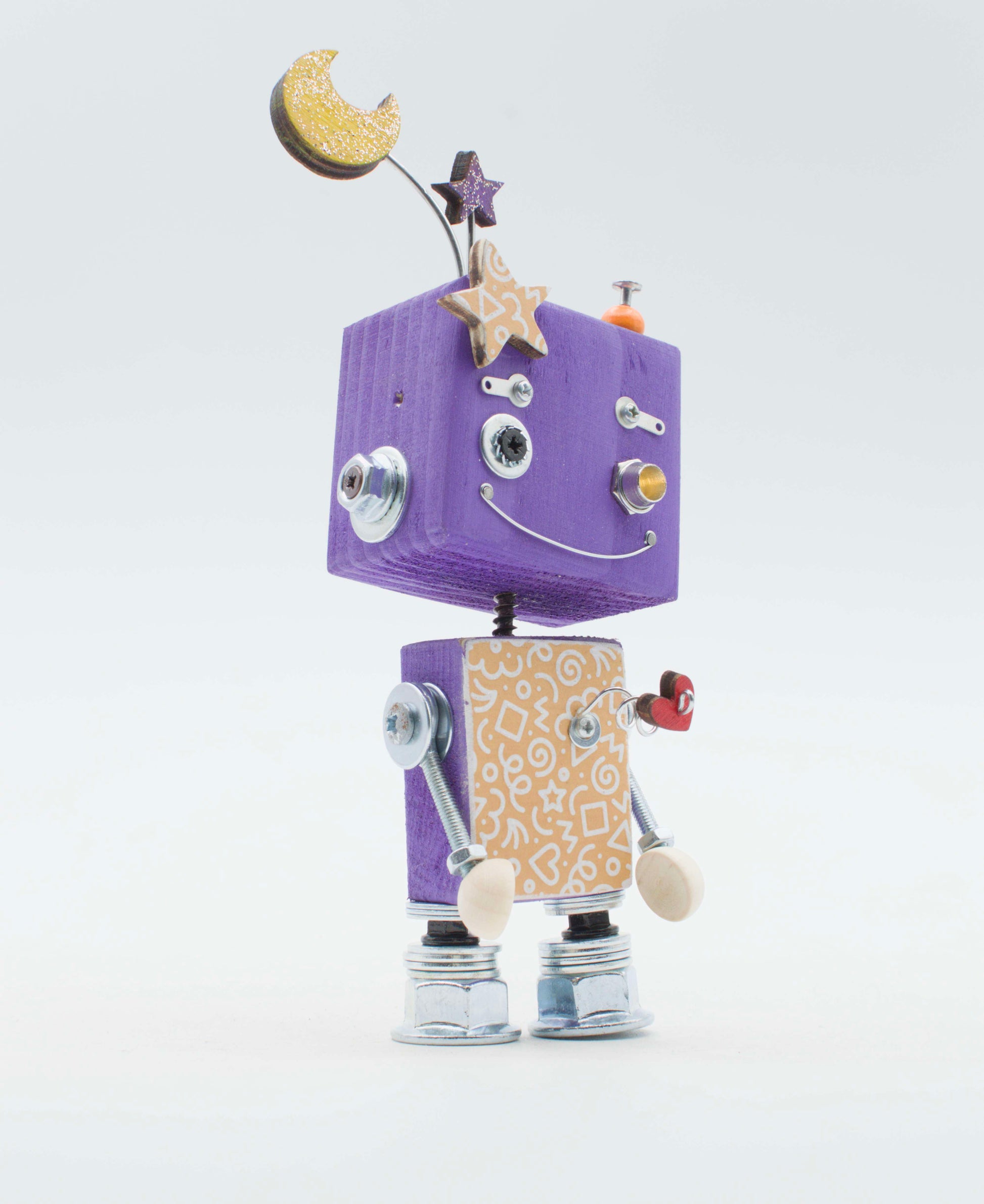 Robot giocattolo a cubo viola in legno e metallo con stella e luna, lampada da cortesia a batteria modello illustrato