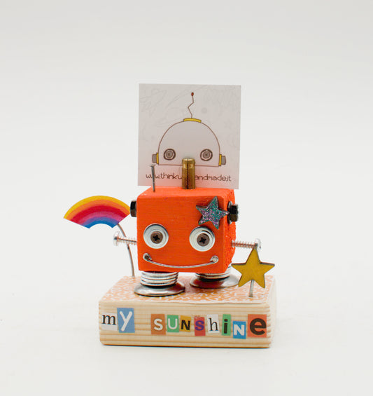Portafoto da tavolo robot rosso con occhi mobili, ombrello arcobaleno e decorazioni stellari fatto a mano