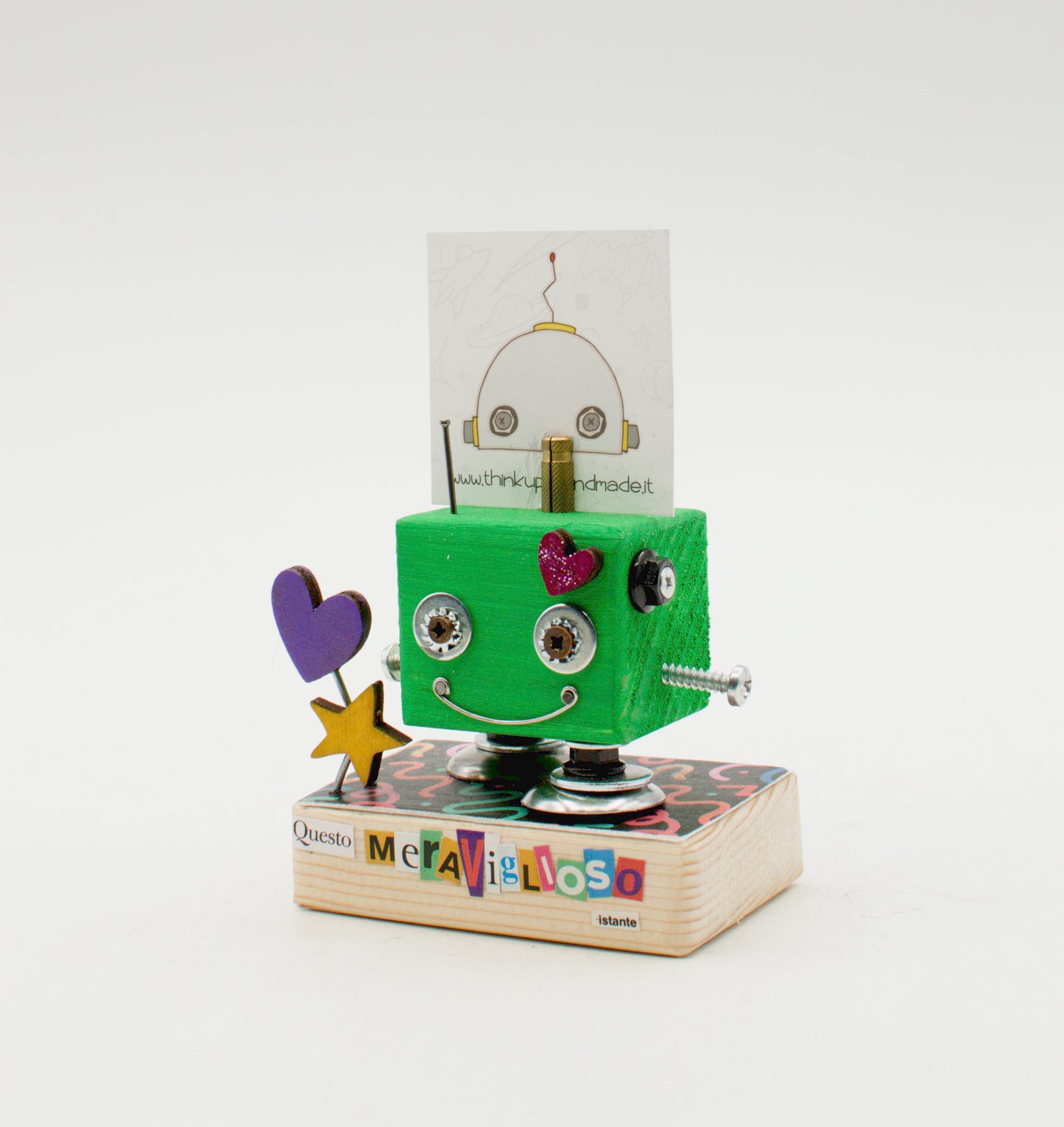 Portafoto da tavolo robot verde con occhi metallici sorriso di filo e decorazioni a cuore viola e stella gialla fatto a mano