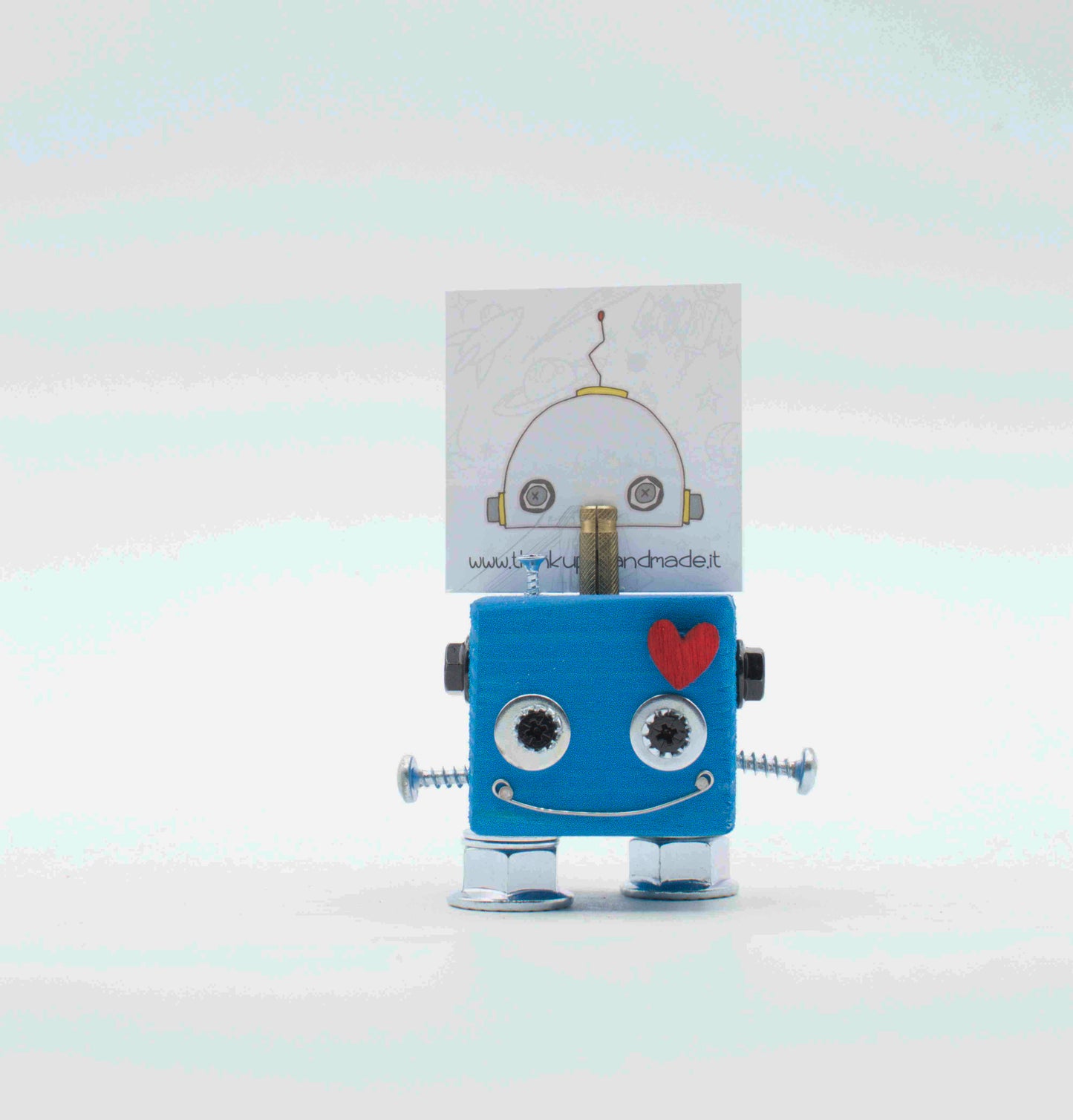 Portafoto da tavolo robot turchese con occhi mobili cuore rosa e braccia metalliche fatto a mano