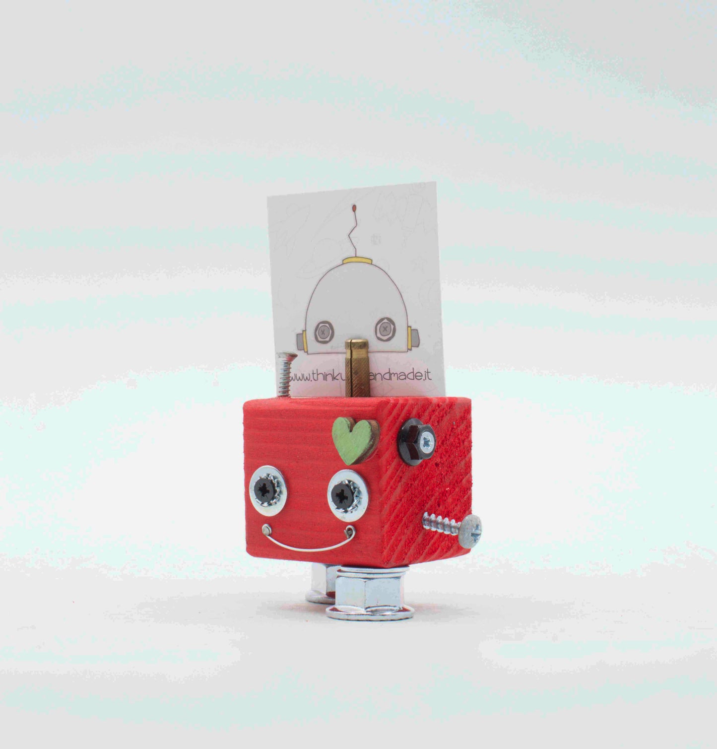 Portafoto da tavolo robot rosa in legno con occhi argento cuore e dettagli metallici fatto a mano