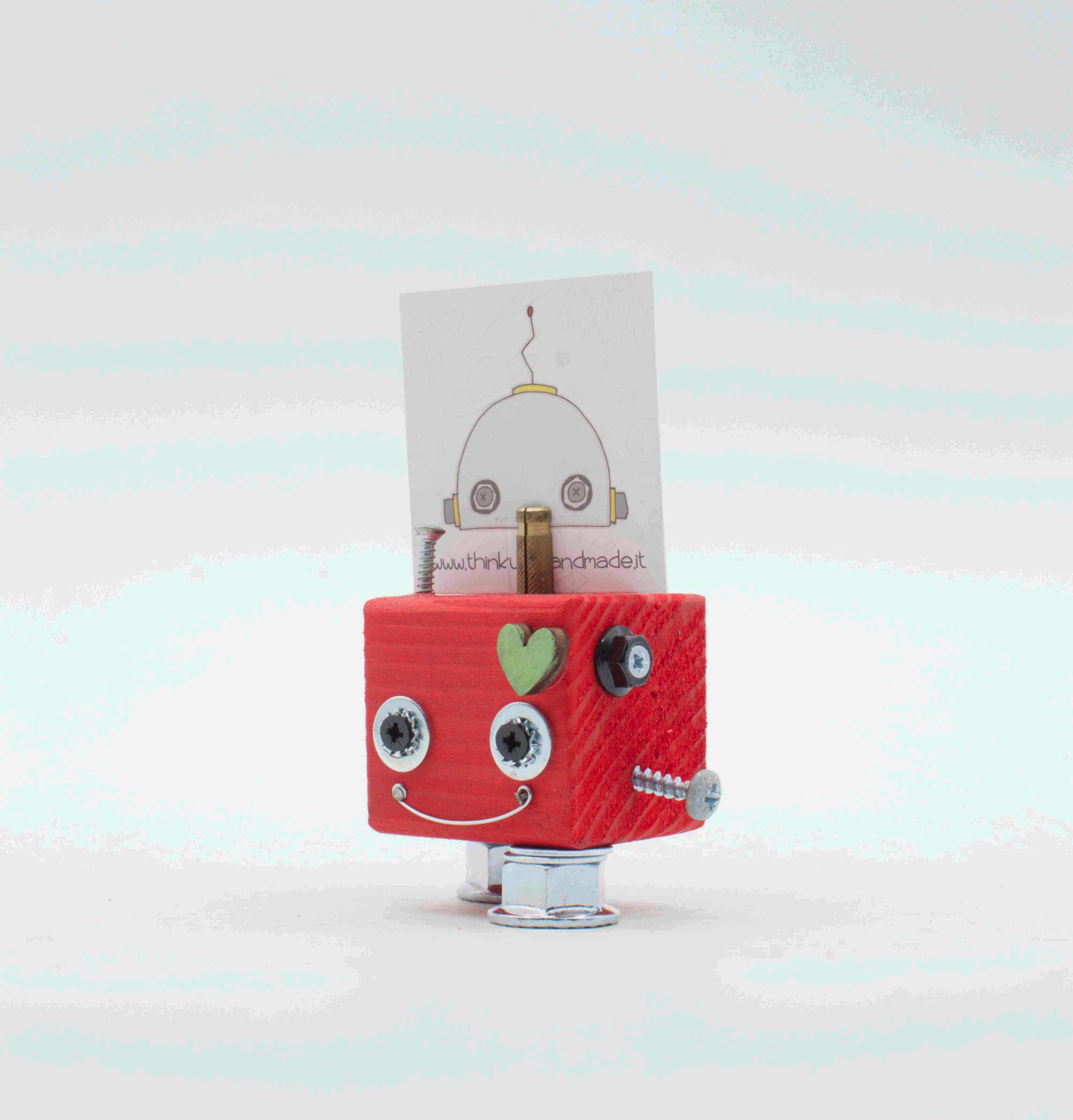 Portafoto da tavolo robot rosa in legno con occhi argento cuore e dettagli metallici fatto a mano