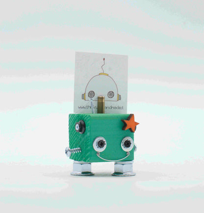 Portafoto da tavolo robot verde menta con occhi metallici argento stelle e gambe cromate fatto a mano
