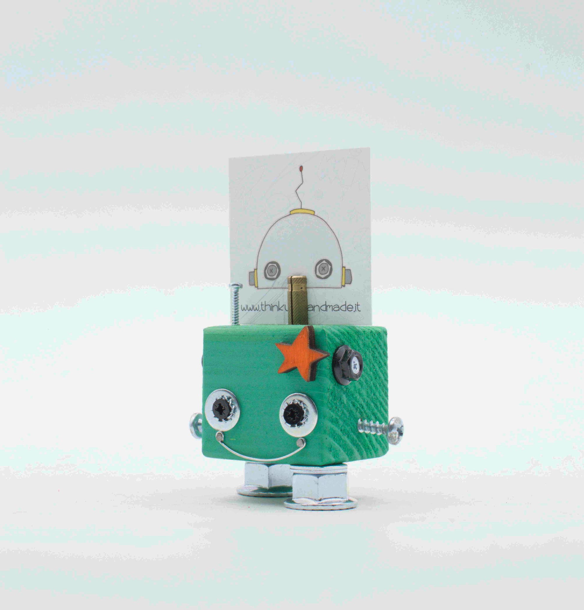 Portafoto da tavolo robot in verde menta con occhi argento e dettagli a stella e bottone fatto a mano