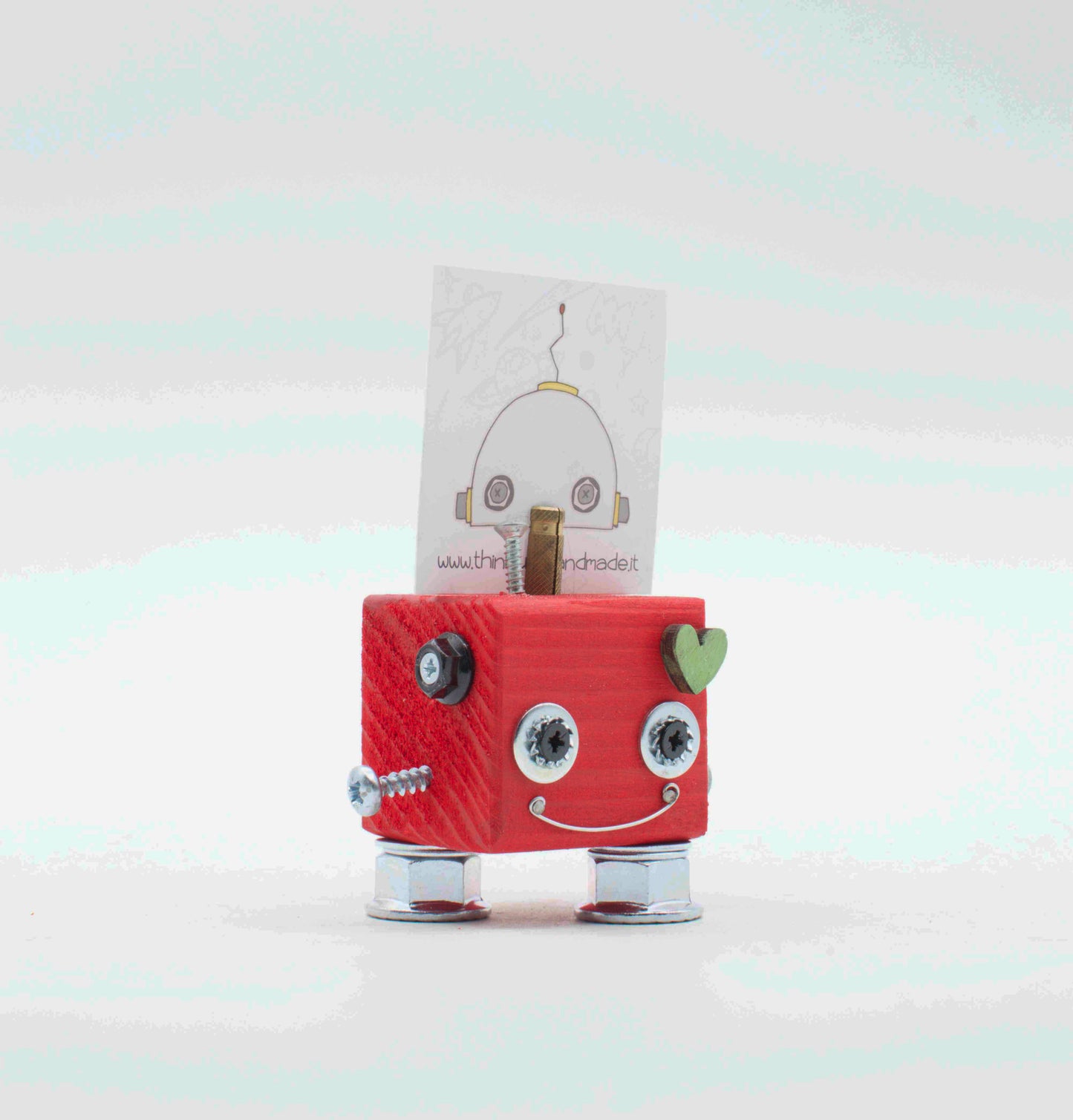 Portafoto da tavolo robot in legno rosa con occhi metallici argento cuore e gambe cromate fatto a mano