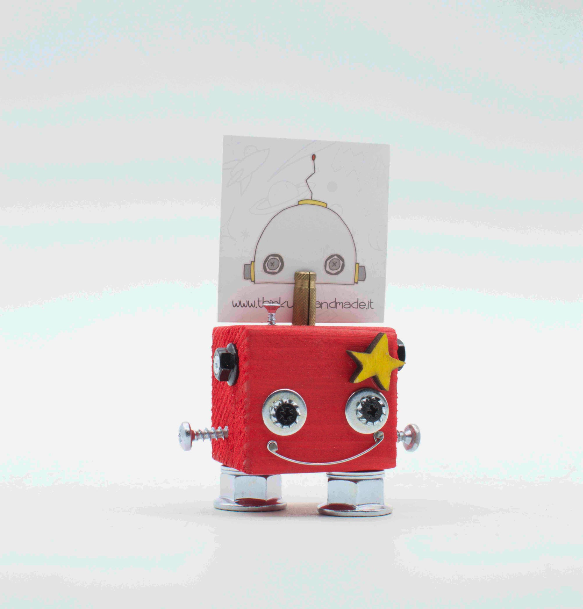 Portafoto da tavolo robot rosa con occhi metallici star decorativa e braccia a vite fatto a mano