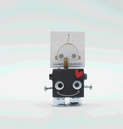 Portafoto da tavolo robot grigio con cuore rosa e occhi a vite segnaposto fatto a mano