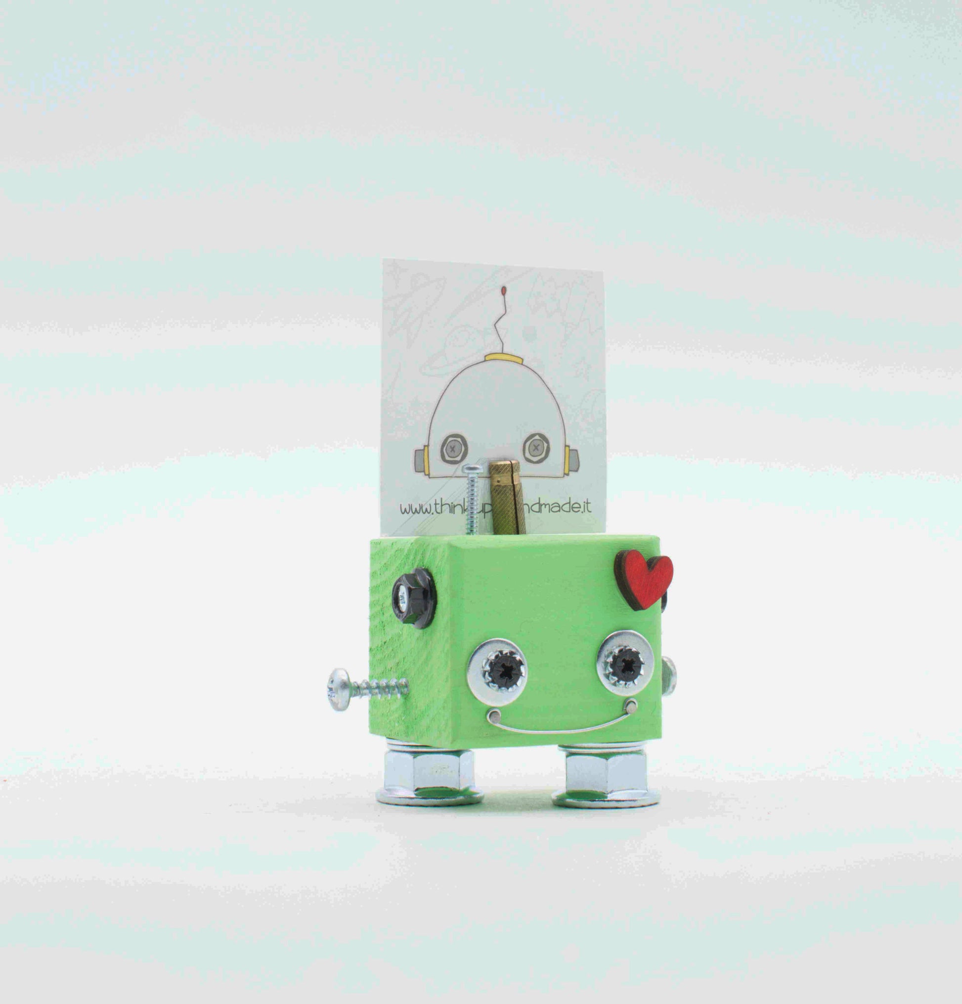 Portafoto da tavolo robot mint verde con occhi a vite argento cuore rosa e gambe in plastica trasparente fatto a mano