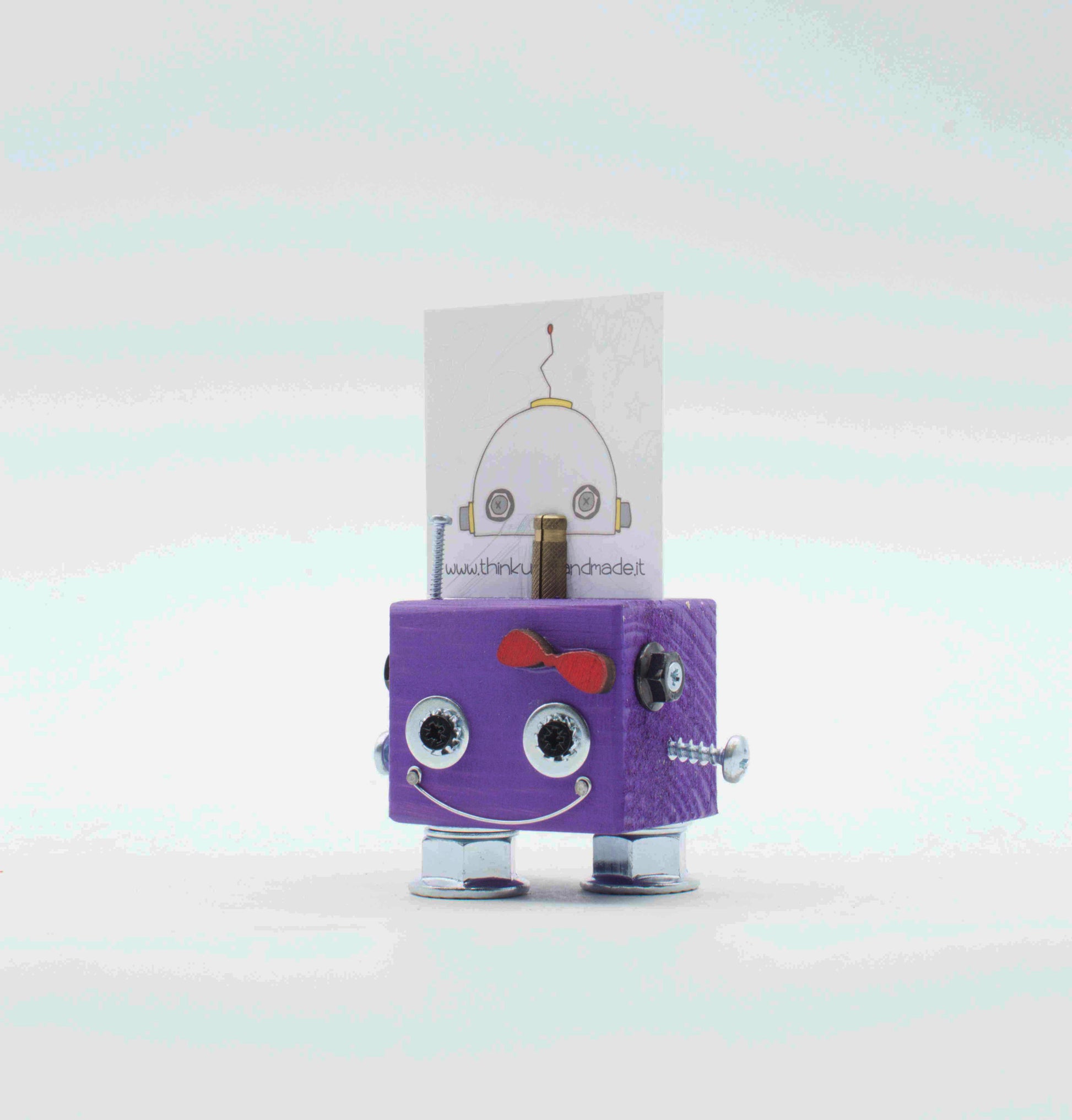 Portafoto da tavolo robot viola a forma di cubo con occhi argento, fiocco rosa e arti metallici fatto a mano