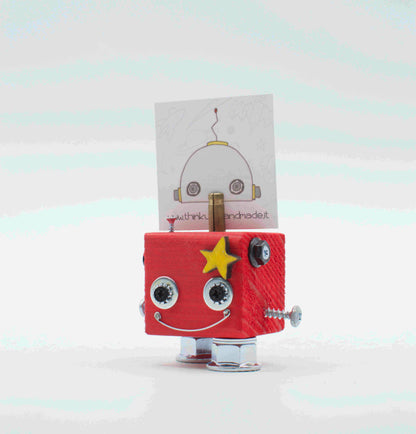 Portafoto da tavolo robot rosa cubico con occhi metallici argento stella gialla e arti a vite fatto a mano