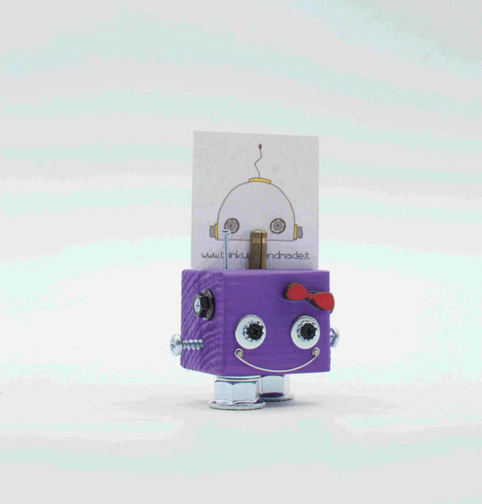 Portafoto da tavolo robot viola a forma di cubo con occhi argento fiocco rosa e giunti metallici fatto a mano