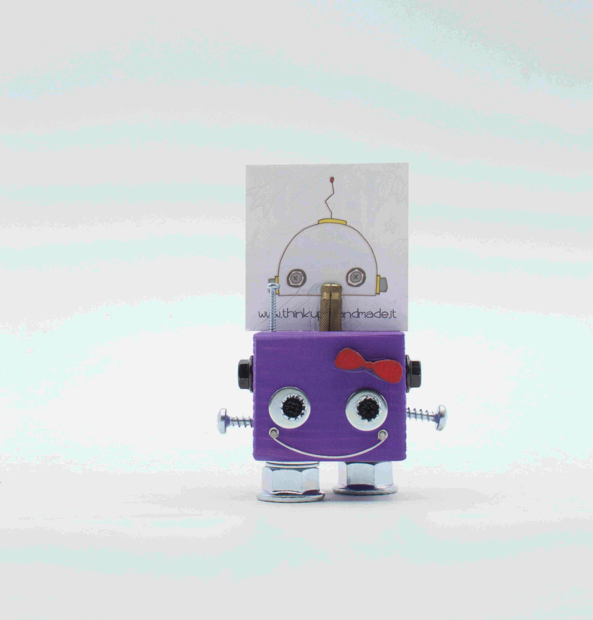 Portafoto da tavolo robot viola con fiocco rosa occhi argento e arti metallici segnaposto fatto a mano