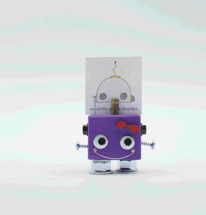 Portafoto da tavolo robot viola con fiocco rosa occhi argento e arti metallici segnaposto fatto a mano