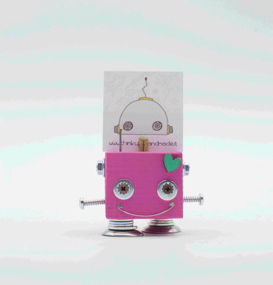 Portafoto da tavolo robot rosa con occhi a vite argento e cuore verde menta segnaposto fatto a mano