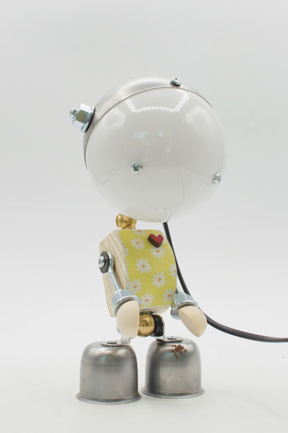 Lampada da tavolo robot kodama stile retro con testa bianca lucida e corpo verde lime decorato con margherite bianche