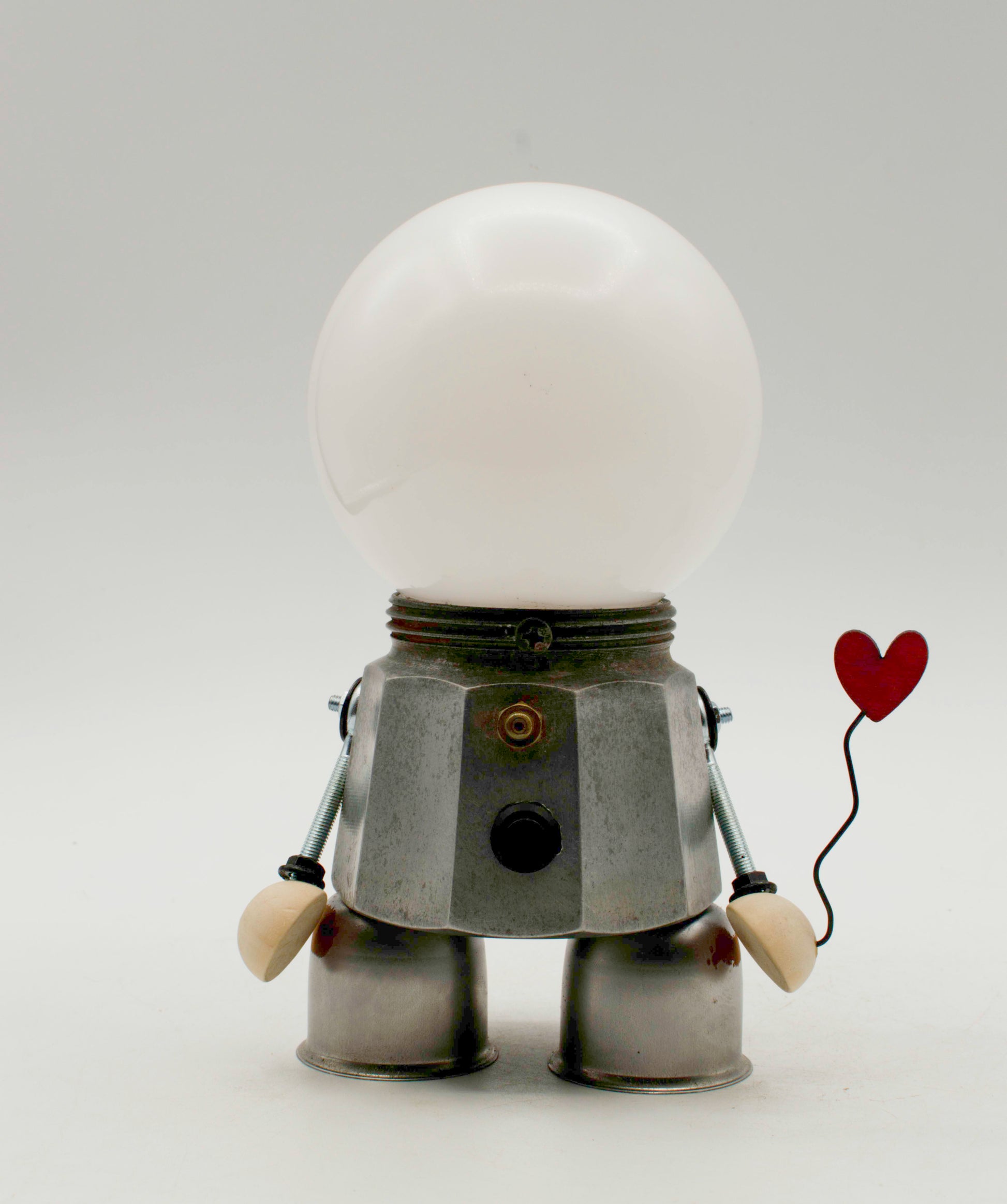Lampada da tavolo robot mok USB type-c ricaricabile fatta a mano con corpo grigio scuro e testa bianca liscia