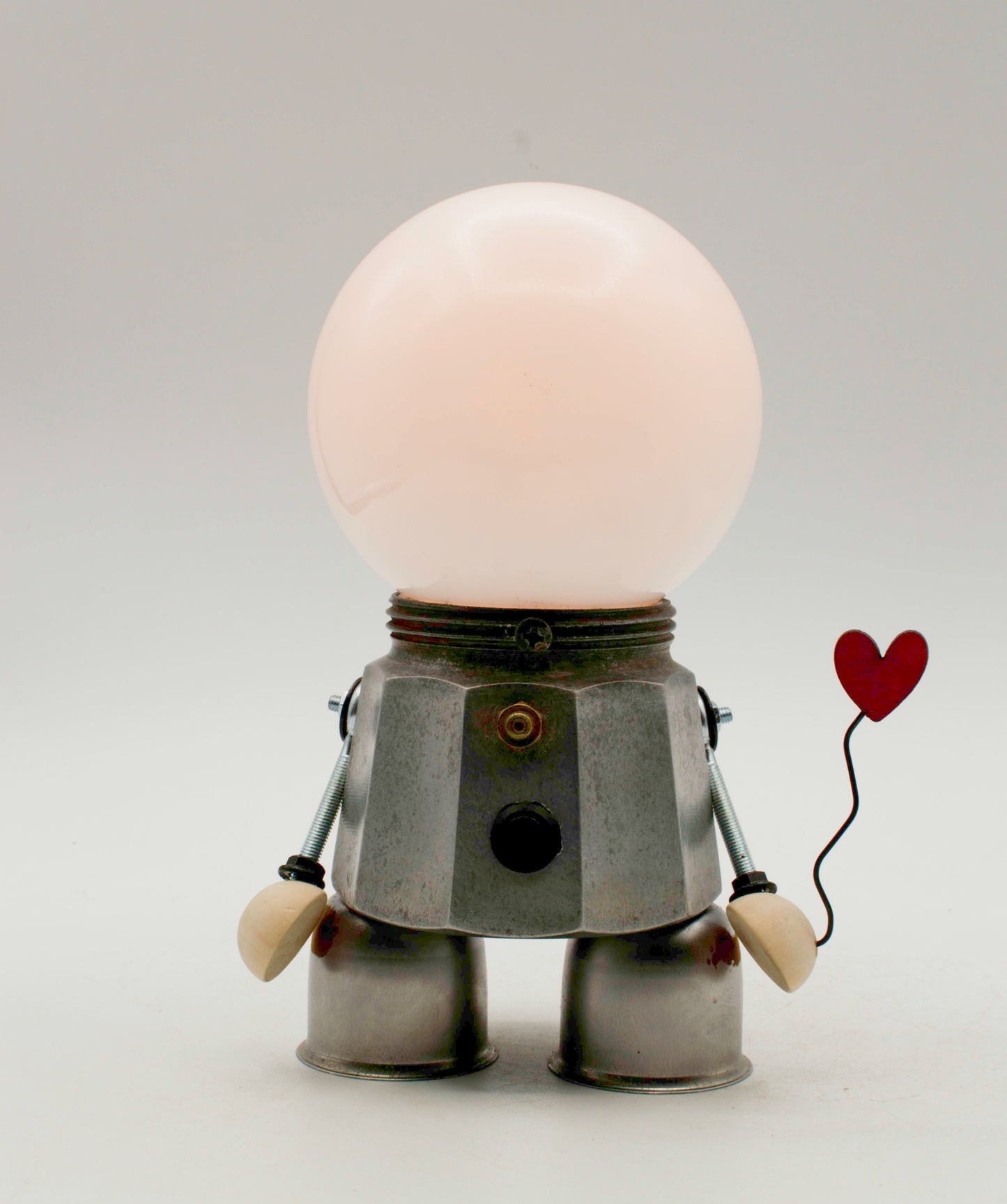 Robot lampada da tavolo stile moka usb type-c ricaricabile in metallo scuro con lampadina sferica bianca e palloncino rosso