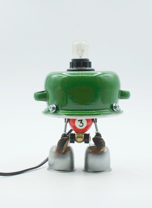 Lampada da tavolo robot stile pentolino verde smaltata forma palla da biliardo con bulbo trasparente e gambe metalliche