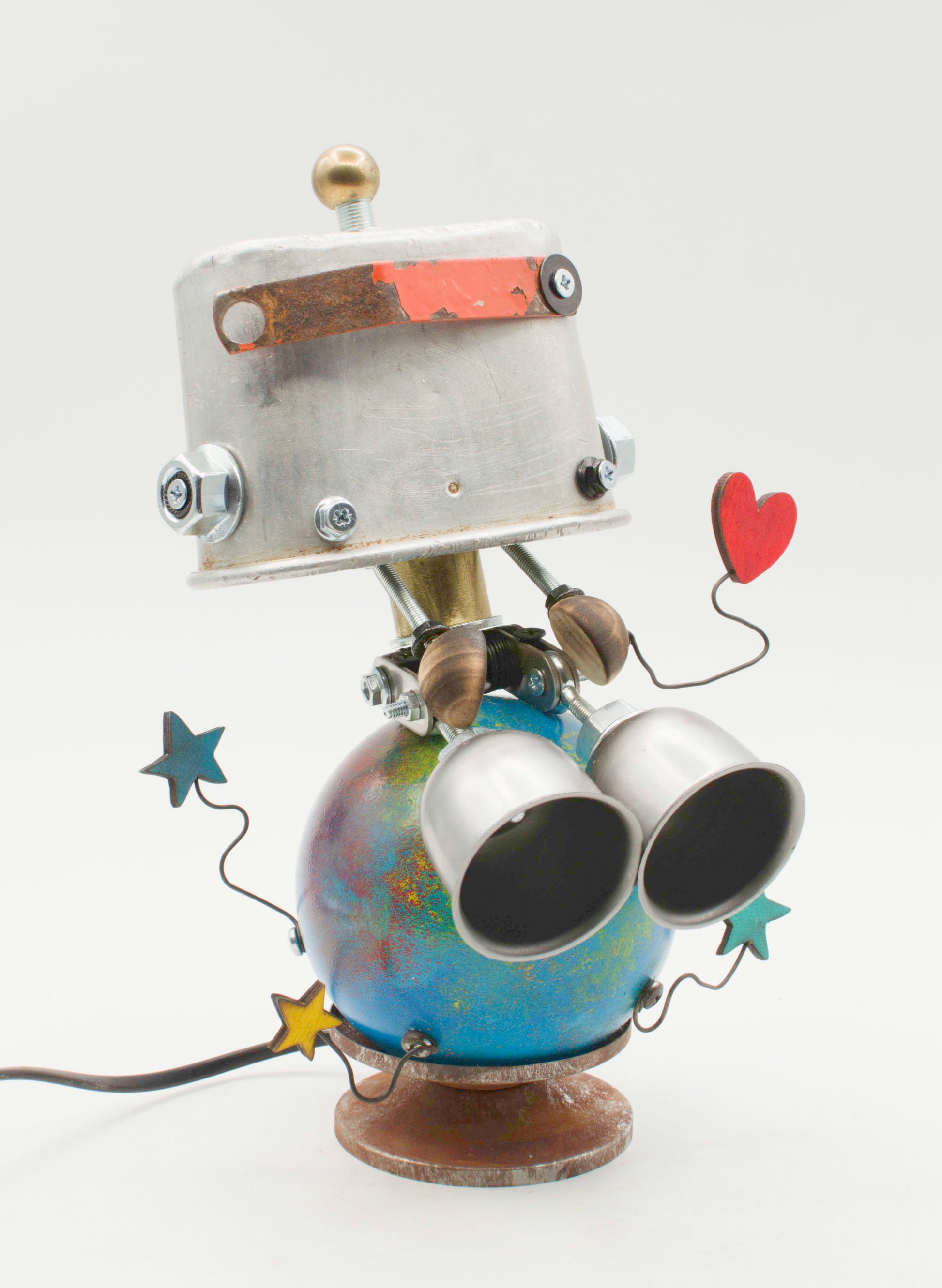 Lampada da tavolo robot pianeta fatta a mano con testa metallica argento e corpo blu con stelle decorato