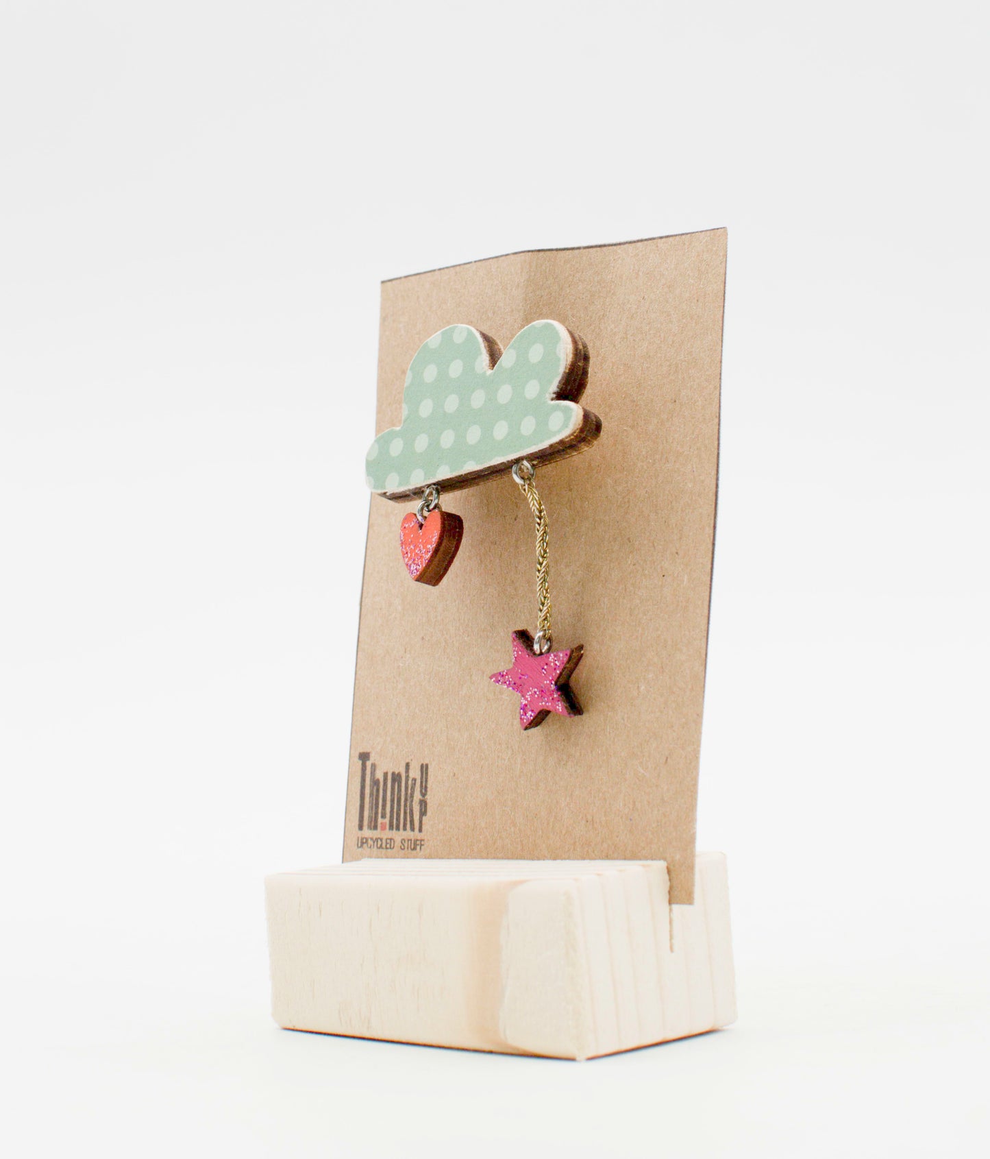 Spilla robot in legno tagliato mint verde con pois e pendenti a cuore rosso e stella rosa glitter pezzo unico