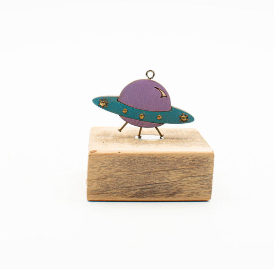 Spilla robot in legno tagliato a laser color viola e teal con accenti dorati fatta a mano
