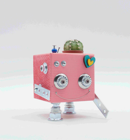 Vaso a forma di robot in legno fatto a mano con robot giocattolo rosa cubico con occhi metallici e ingranaggi